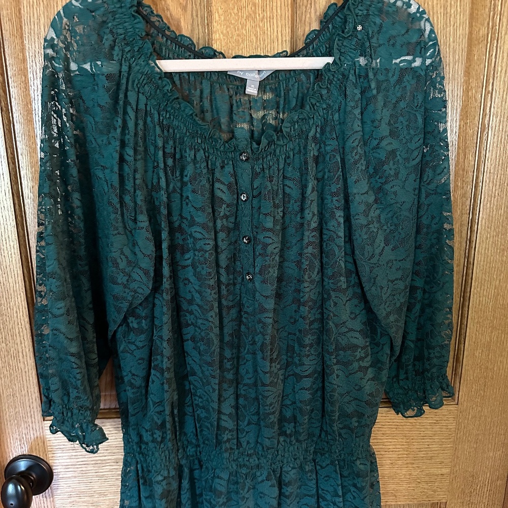 NY Collection Dark Green Sheer Lace Blouse, 3/4 sleeves.  Size XL.